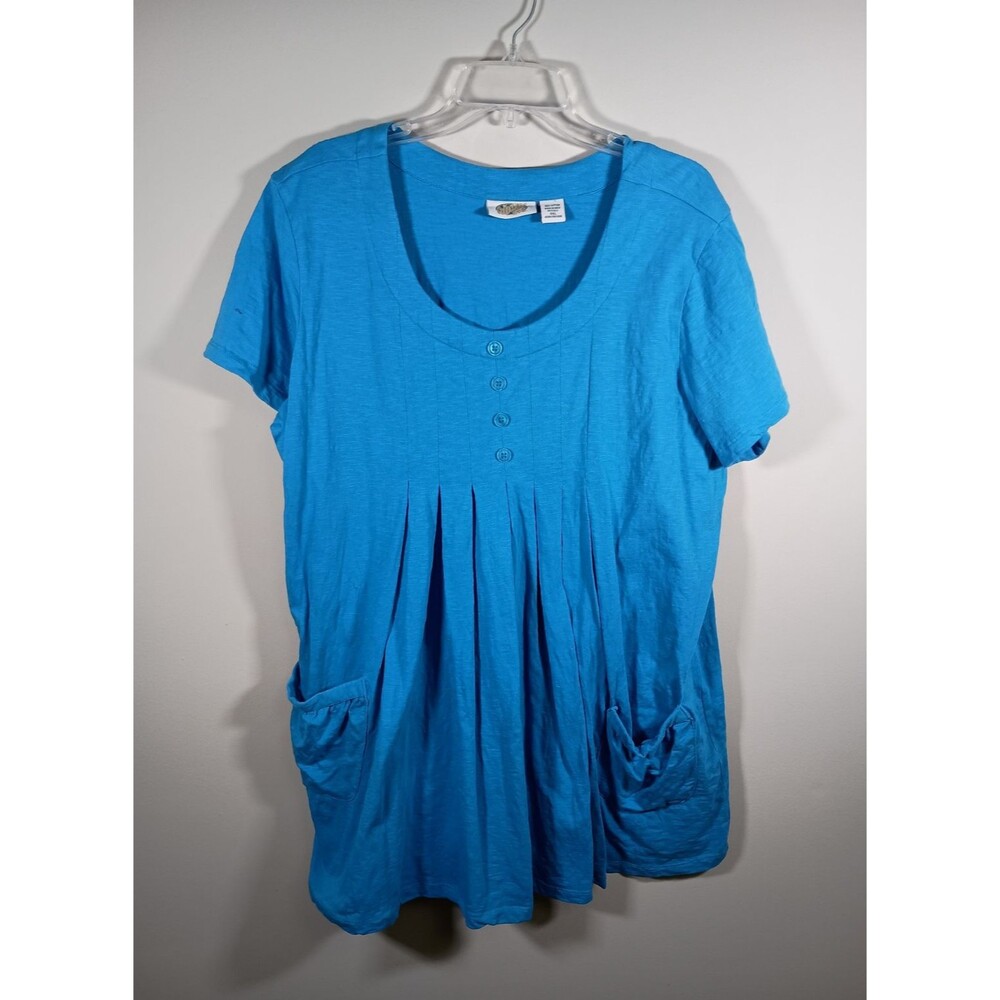 Collections Etc Short Sleeve Cotton Pintucked Pockets Blue Top Plus Size 2X